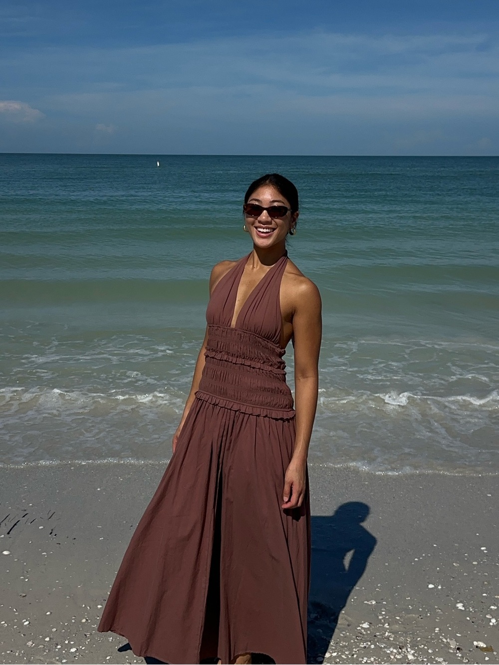 White Fox Boutique Brown Halter Smocked Swim Cover-Up Dress